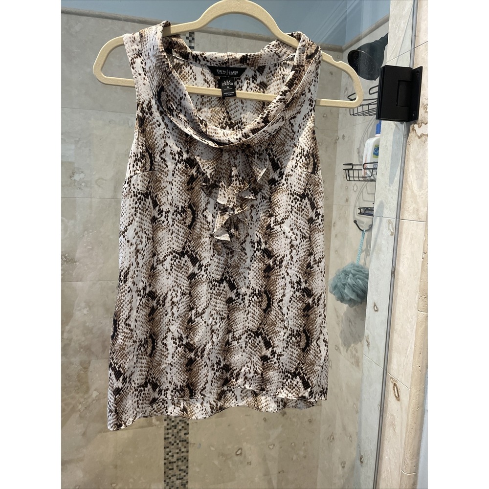White House Black Market Animal Print Silk Stretch Cowl Neck Tank Top 6 Brown